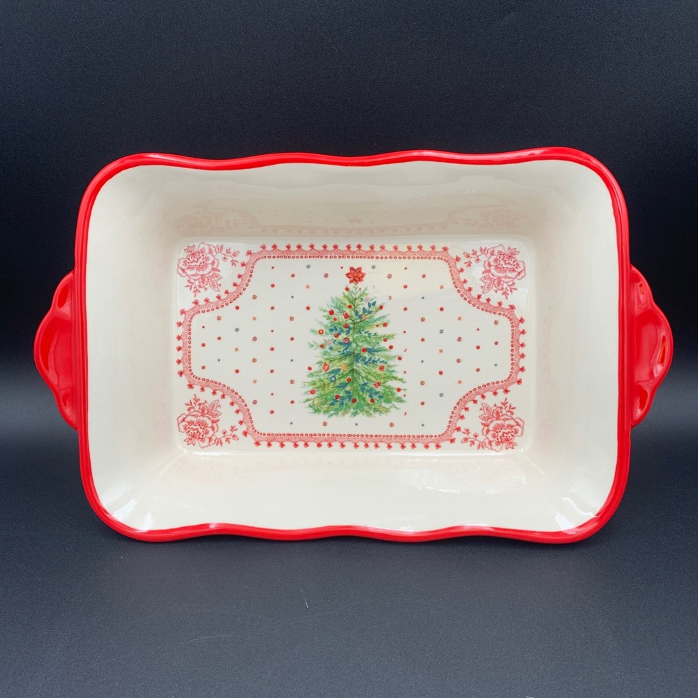 The Pioneer Woman Christmas Tree Rectangular Baker Red Floral Stoneware 2018DMT